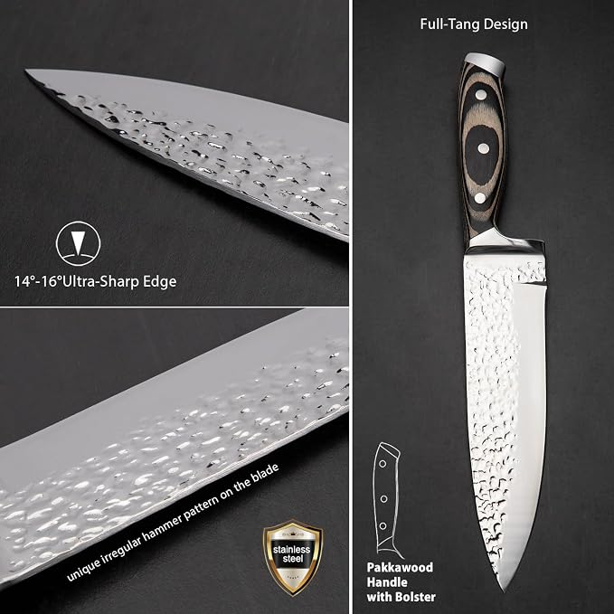 Kitchen Knife Set,15-Piece Knife Set With Block Wooden,Self Sharpening For Chef Knife Set,High Carbon Japan Stainless Steel Hammered Collection Knife Block Set with Steak Knives (Gray)