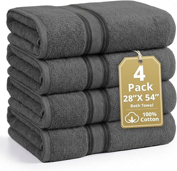 LANE LINEN Towel Set for Bathroom 4 Piece Soft Absorbent Quick Dry - Grey | Towels And Washcloths Sets - Oversized & Roomy, Lightweight & Breathable, Fade-Resistant Color, Classic Terry Weave