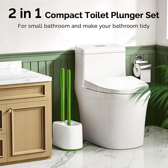 HAMITOR Toilet Plunger Bowl Brush Combo：Heavy Duty Rubber for Drain Clog Remover - Curved Design Bristles for Deep Cleaning Under Rim - Compact Bathroom Cleaning Tools for New Homet Essentials-Green
