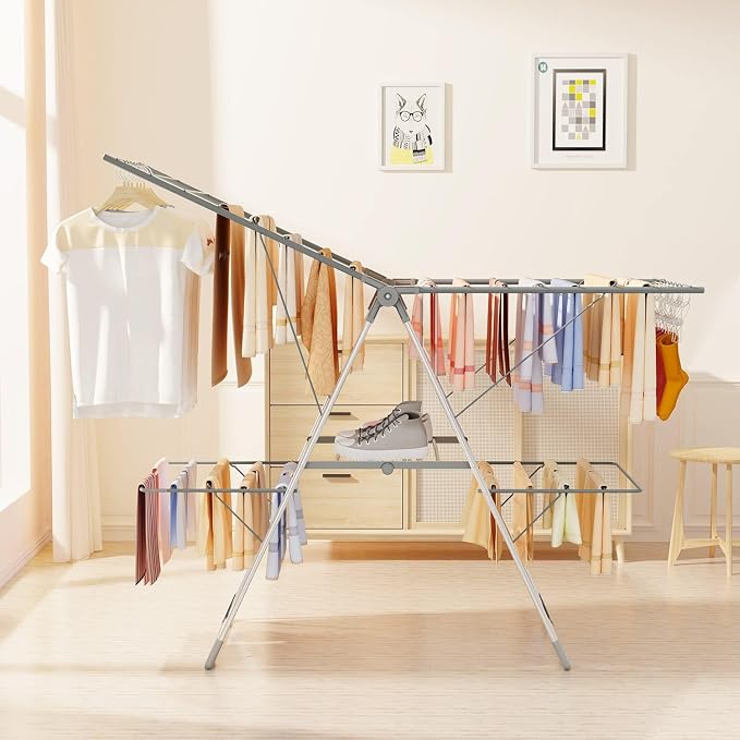Bigzzia Clothes Drying Rack Foldable, 2-Level Large Laundry Drying Rack Collapsible, Stainless Steel Drying Rack Clothing for Indoor Outdoor, Easy to Fold, 33 Drying Rails, 56.1" L × 22.7" W, Gray