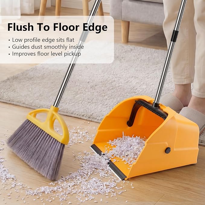 Jumbo Commercial Dustpan with Wheels & Comb Teeth - Heavy Duty 14.2" Rolling Debris Pan - Long Handle Extra Large Upright Dust Pan for Industrial Warehouse Garage Restaurant Sidewalk Outdoor - Yellow