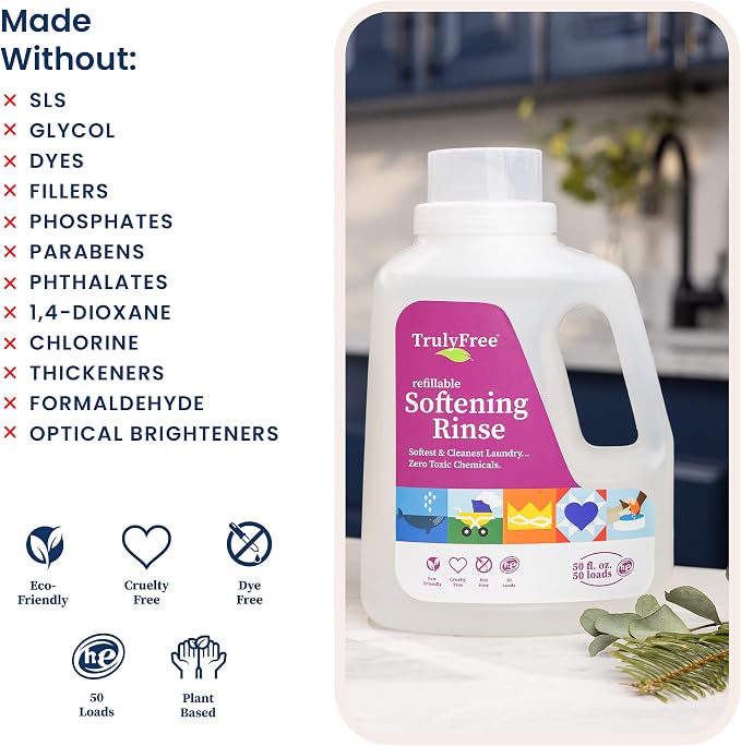 Truly Free Natural Fabric Softener | Non-Toxic for Babies & Kids Sensitive Skin | Plant-Based Laundry Softening Conditioner | Safe, Gentle & Chemical-Free | Unscented | 1 Empty Jug + 1 Fill (2.7 oz)