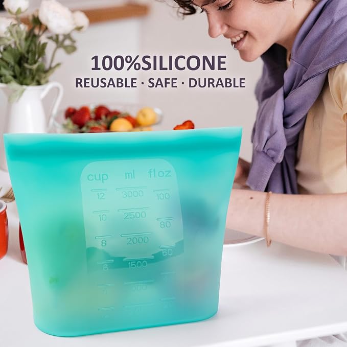 Extra Large Reusable Silicone Food Storage Bags 4 Pack, 0.8 Gallon/3000ml, 100% Silicone Stand-Up Wide-Open Zip-Lock Reusable Bags for Large Items, Microwave Freezer Oven Dishwasher Safe, Aqua