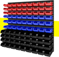 90Pcs Plastic Wall Mounted Storage Bins Parts Rack Nuts And Bolt Bins Organizer For Shop Garage for Screws, Nuts, Bolts, Nails, Beads, and Small Hardware Parts,Red,Blue,Black