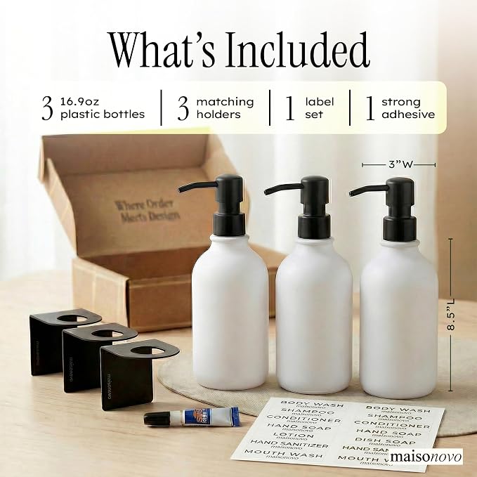 Shampoo and Conditioner Dispenser Wall Mounted Set of 3 White Black - No Drill Shower Soap Dispenser for Bathroom Refillable - Spa Hotel Style Accessories by MaisoNovo