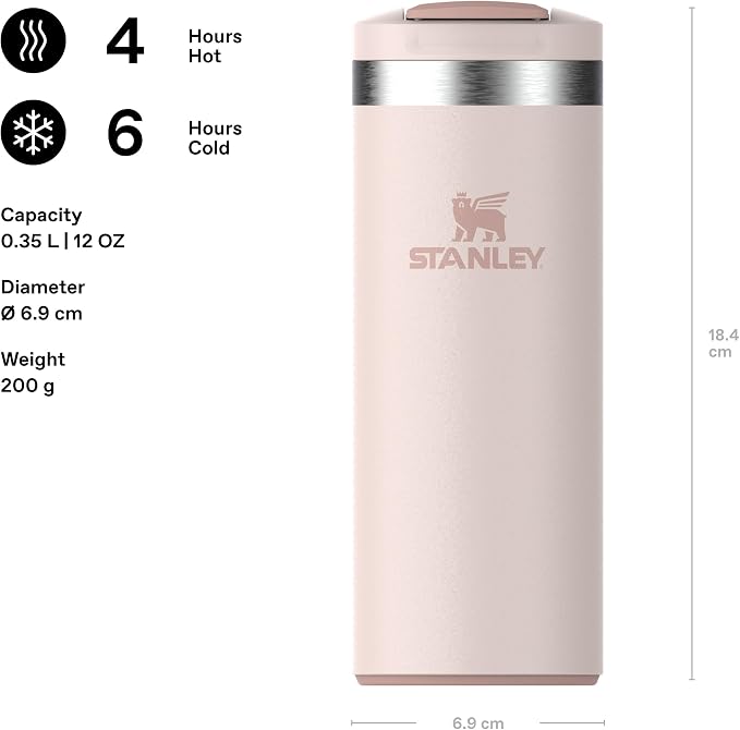 STANLEY 1913 Transit Flip Top Mug 0.35L - Rose Quartz | Keeps 4 Hours Hot - 6 Hours Cold - Leakproof - Dishwasher Safe - Car Cup Holder Compatible