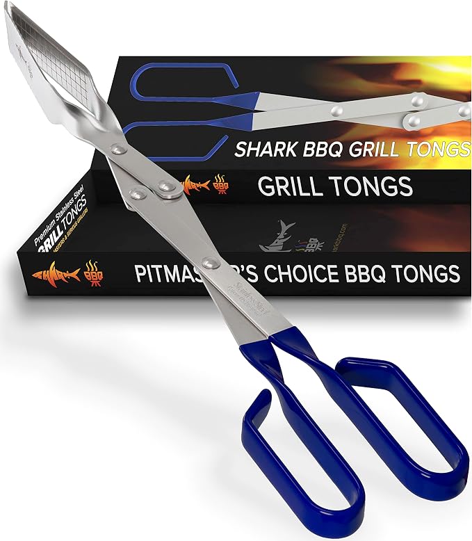 Grill Tongs - 17 inch (Blue) Steak Tongs. Professional kitchen and outdoor grilling utensil. Long reach Barbeque Grilling Tong. Ideal for steak, fish, burger, and sausage