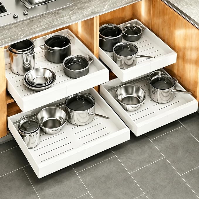 Pull out Cabinet Organizer, 4-pack, Expandable(12"-20") Heavy Duty Slide out Drawers Fixed with Adhesive Nano Film for Pots, Roll out Shelf Storage for Kitchen Base Cabinet Organization(3 Rails)