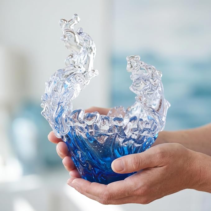 suruim Hand Blown Glass Wave Sculpture Figurines Blue and Clear Art Glass Bowl for Home Decor, Sea Glass Figurine, Nautical Sea Glass Decorations, Multipurpose Storage for Keys, Jewelry, Candy