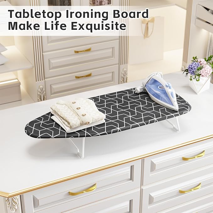 Small Ironing Board top with Heat Resistant Cover, Compact Mini Ironing Board with Metal mesh Frame,for Dorm,Apartment and Travel, Hook for Hanging, Iron Board, Iron Table Stand 12”×30” Dark Gray