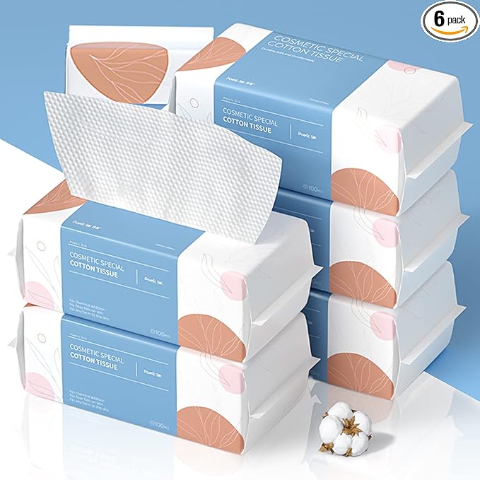 PoeticEHome Soft Dry Wipe 6 Pack, 100% Cotton Face Tissues, Lint Free Facial Cleansing Towels Disposable, Extra Thick Dry and Wet Use for Sensitive Skin, Makeup Removing, Surface Cleaning (600 Count)