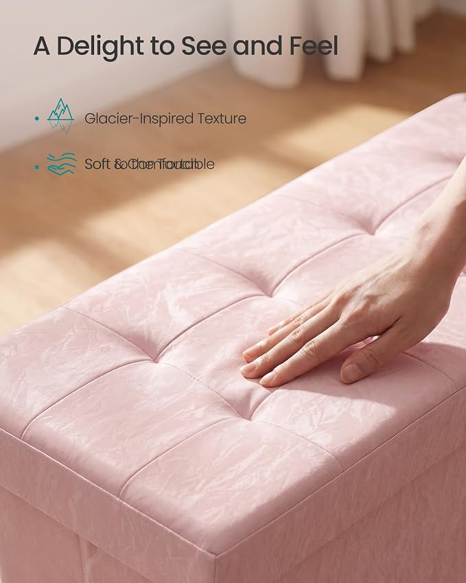 SONGMICS Storage Ottoman Bench, PU Leather Foldable Footrest with Padded Seat, 43.3 x 15 x 15.7 inches, Pink, Sturdy Space Saving Chest for Bedroom, Minota Collection ULSF524SA01