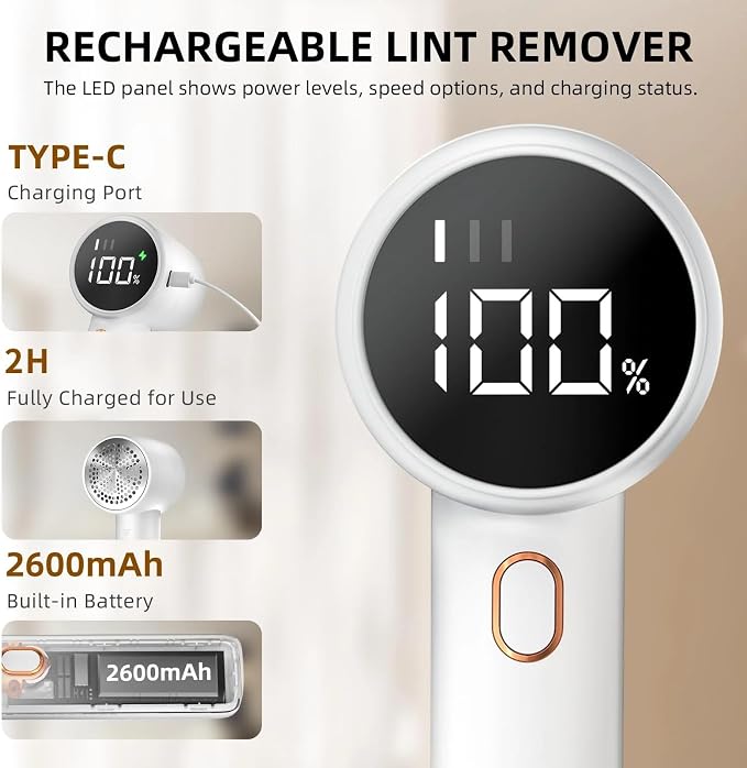 Fabric Shaver Lint Remover, Rechargeable Lint Shaver, Electric Sweater Defuzzer with 3 Speeds, 6 Blades, Digital LED Display to Remove Pilling for Clothes, Furniture, Couch, Blanket (Color : White)