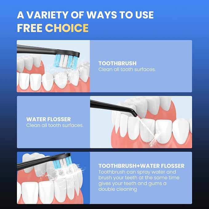 UNINGOPI 2-in-1 Electric Toothbrush with Water Flosser, Brush & Floss Combo | 3 Modes, 3 Brush Heads, Jet Tip, IPX7 Waterproof, Portable Oral Irrigator for Travel, Black
