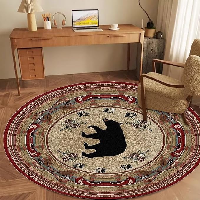 Village Cabin Bear Round Area Rug for Bedroom Vintage Red Indoor Door Mat Living Room Decor Rustic Lodge Border Circle Rugs 5'3ft