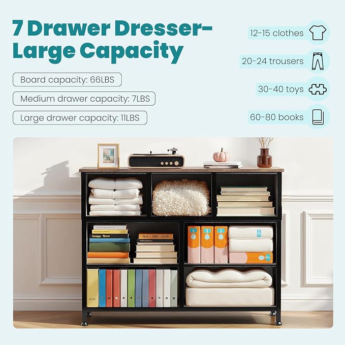 OLIXIS 7 Drawer Dresser Wood top Fabric Storage Tower Bedroom Living Room Hallway entryway Organizer Floral Painted Compact Storage Chest for Clothes Essentials Durable Modern Furniture Home use