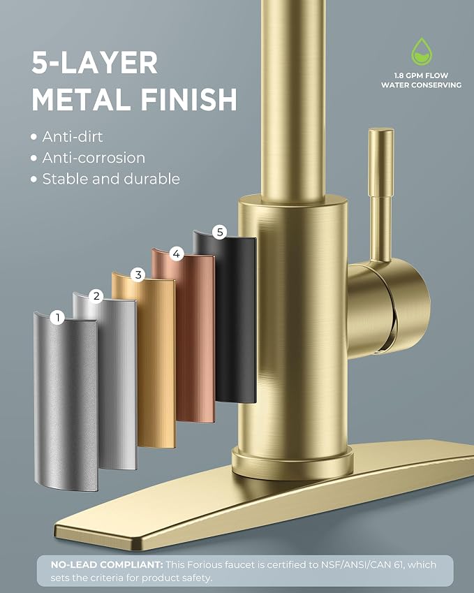 FORIOUS Gold Kitchen Faucet with Soap Dispenser, High Arc Modern Sink Faucet with Pull Down Sprayer and Deck Plate Fit for 1 or 3 Hole for Pot Filler Bar Farmhouse Laundry Rv, Brushed Gold