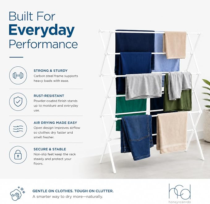 Honey-Can-Do 6-Tier Collapsible Clothes Drying Rack, 30", No Assembly, Grey | Accordion frame opens to 6 tiers with 24 ft of drying space, then folds flat to 3 in. Rust-resistant coated steel.