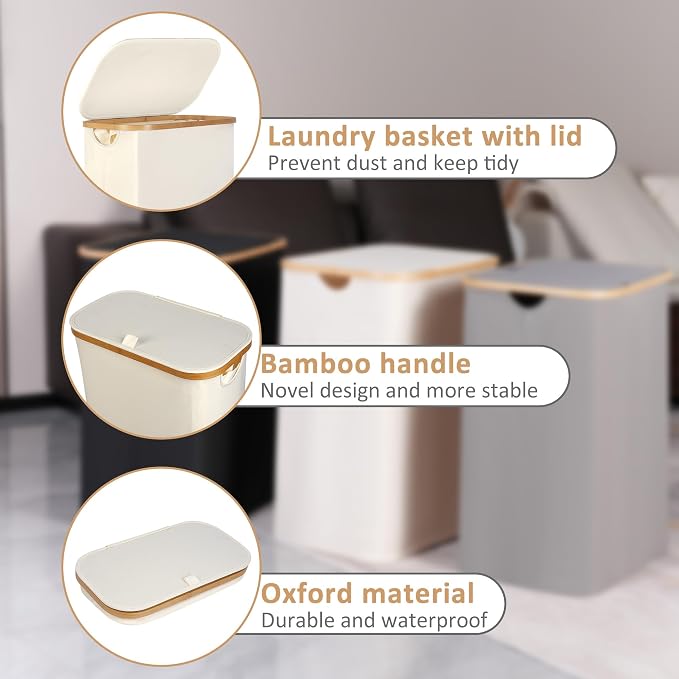 iEGrow 65L Slim Laundry Hamper, Narrow Laundry Basket with Lid,Foldable Clothes Hamper with Bamboo Handles,Hamper Basket with Removable Inner Bag for Laundry Room Bedroom College Dorm,17.17 Gals Beige