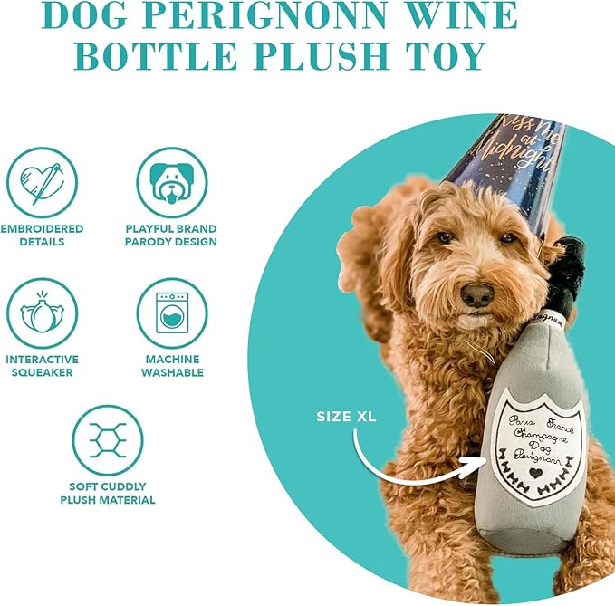 Haute Diggity Dog Champagne Dog Perignonn, Plush Designer Dog Toys with Interactive Squeaker, Stimulating Pet Enrichment, Machine-Washable & Safe Materials for All Breeds, Size XL