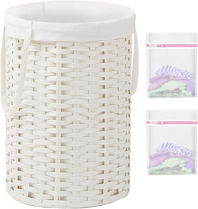 SETVSON Laundry Hamper Laundry Basket Round 19.0 Gal (72 L) Handwoven Rattan Hamper, Large Wicker Laundry Hamper with Removable Laundry Bag Handles 2 Mesh Bags for Bedroom Living Room White (No Lid)