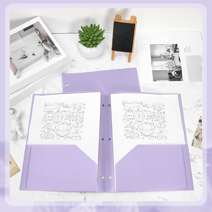 Yeaqee 50 Pcs Plastic Folders with Pockets Bulk 3 Hole Punched 2 Pocket File Folders for 3 Ring Binder Divider Folder for Notebooks, Durable Poly for Office Home (Light Purple)