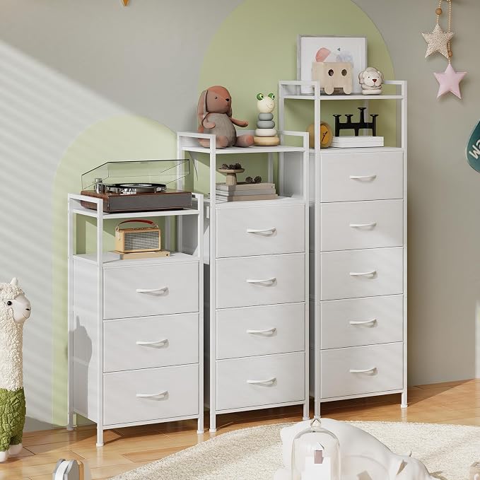 Somdot Tall Dresser for Bedroom, 5 Drawers Nightstand Vertical Storage Tower Unit, Night Stand Furniture with Fabric Drawer Organizer in Bedside Hallway, Entryway, Kids Room, Closet, White Leather