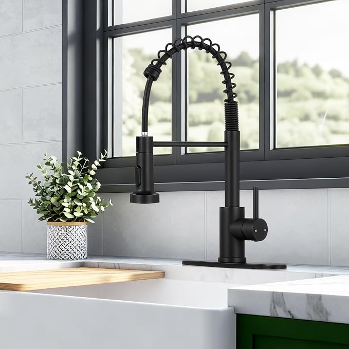 Kitchen Faucet with Pull Down Sprayer Matte Black | 2-mode sprayer, 360° high arc spout, 304 SS build, drip-free valve, fingerprint-resistant, DIY install, NSF certified