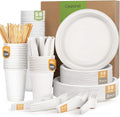 Gezond Compostable Paper Plates 350pcs Disposable Plates for Wedding Party Eco-friendly Sugarcane Plates Biodegradable Cutlery Forks Knives Spoons Cups and Straws for 50 People White