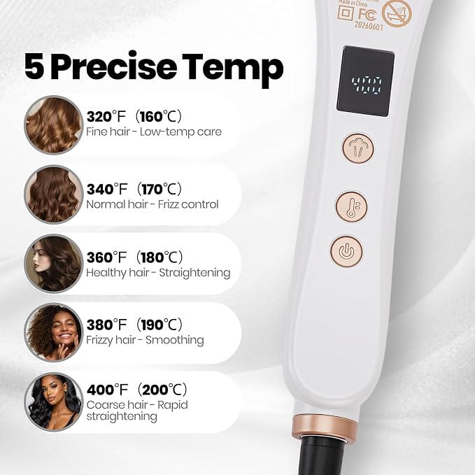 Steam Straightener Brush for Women Long Wavy Frizzy Hair, White | Dense ceramic bristles One pass straight 320-400℉ Anti-scald 5 temperature settings Dual voltage