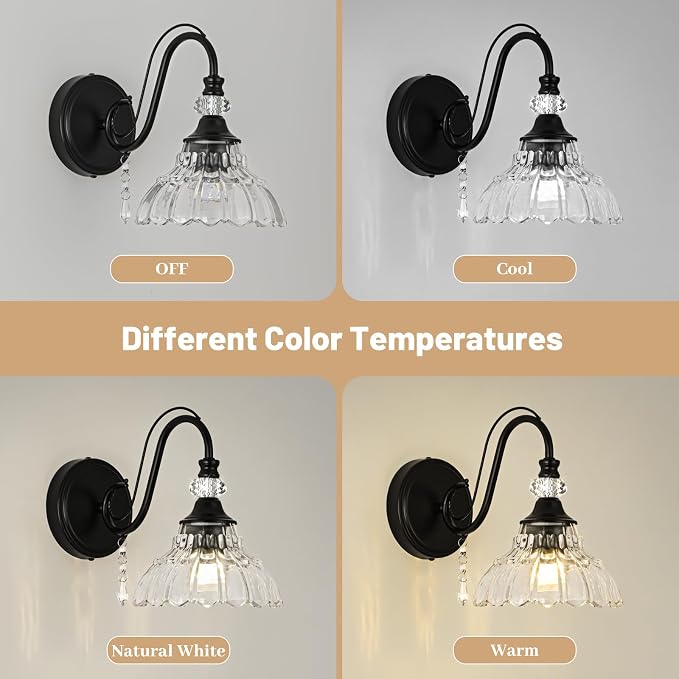 1 Piece Black Wall Sconce, 1-Light Black Farmhouse Wall Sconce with Hanging Crystal Accents and Flower-Shaped Clear Shades for Bathroom Bedroom Living Room,Vintage Vanity Light