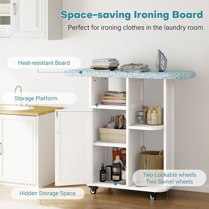 Rolling Ironing Board with Storage Cabinet, Small Ironing Table with Wheels | Ironing Board Cabinet with Fixed Heat-Resistant Pad, Ironing Table with Storage Shelves for Small Space, Laundry, Craft Room