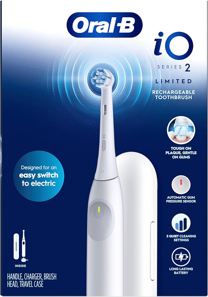 Oral-B Rechargeable Electric Toothbrush, iO Limited Simple Clean, 3 Cleaning Modes, Automatic Pressure Sensor to Protect Gums, Travel Case, White