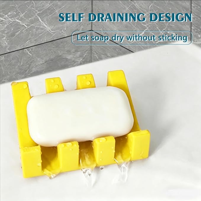 Self Draining Soap Dish Holder,Silicone Soap Dish,for Bathroom,Kitchen, Sponges，Can Extend Soap Life，Keep Soap Bars Dry and Easy Cleaning (Yellow+Sky Blue,2-Pack)