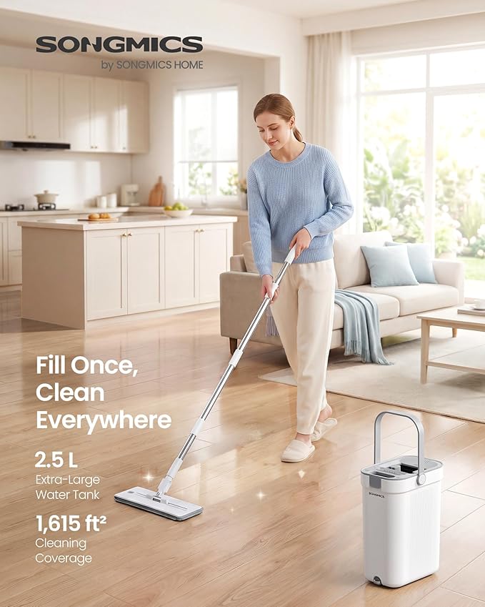 SONGMICS Mop and Bucket Set, Flat Mop with 3-Chamber Clean & Dirty Water Separation System, Wringer Bucket, 360° Rotating Head, 4 Microfiber Pads, White and Gray ULMB001WT04