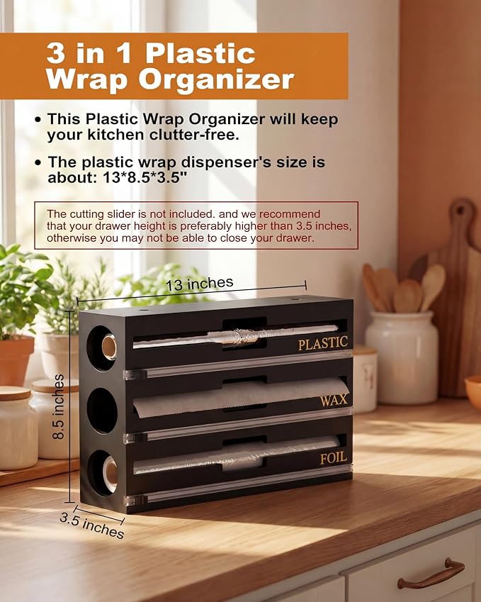 9 IN 1 Bamboo Foil and Plastic Wrap Organizer for Kitchen Drawer, Plastic Bag Organizer Organization and Storage, Food Storage Bag Organizer (BLACK)