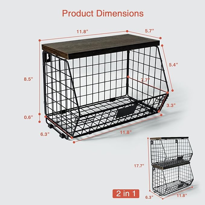 Goozii Hanging Wall Fruit Basket for Kitchen Counter 2 Pack, Stackable Wire Baskets for Organizing with Wood Lid, Potato and Onion Storage Bin with Banana Hook for Vegetable Produce, Black + Rustic