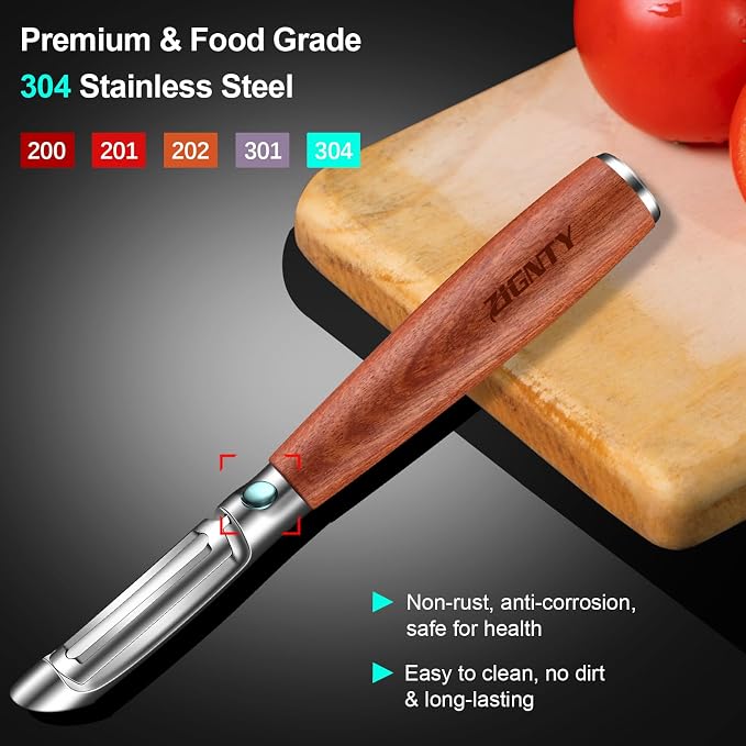 Potato Peelers Stainless Steel, Ultra Sharp Vegetable Peeler for Kitchen, Premium Veggie Fruit Peeler, Rotary Blade Carrot Peelers, Thickened Non-Slip Ergonomic Wooden Handle（5 Years Warranty）