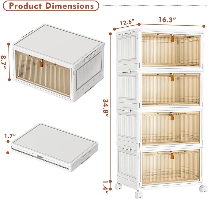 CTSNSLH 4 Tier Plastic Storage Bins with Lid - 28Qt Stackable with Lids for Bedroom, Living Room, Office - Foldable Containers, Household Organization