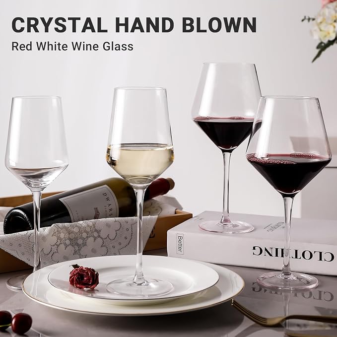 Physkoa Wine Glass Set of 4 – 2 Red (23oz) & 2 White (14oz) Hand-Blown Crystal Glasses with Corkscrew, Perfect Gifts for Birthday, Engagement, Wedding & Housewarming Mother's Day