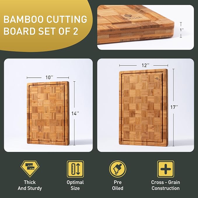 2 Pack Wooden Cutting Boards for Kitchen Bamboo Chopping Boards Non Toxic | Heavy Duty, End Grain, Non Slip, Cutting Board Set, Multiple Size, Solid Thick, Butcher Block, Wood Charcuterie Board