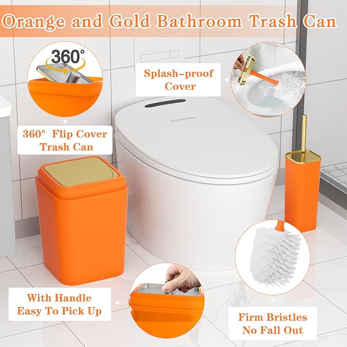 XLHOMO Bathroom Set - Orange Bathroom Sets with Shower Curtain and Rugs, 24PCS Shower Curtain Set with Hooks, Soap Dispenser, Soap Dish, Toilet Brush Holder and Trash Can for Housewarming