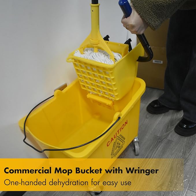 KULED Commercial Mop Bucket with Side Press Wringer, Including Wet Floor Caution Sign and One Industrial Mop with 2 Mop Heads, for Floor Cleaning and Mopping, 38 Quart, Yellow