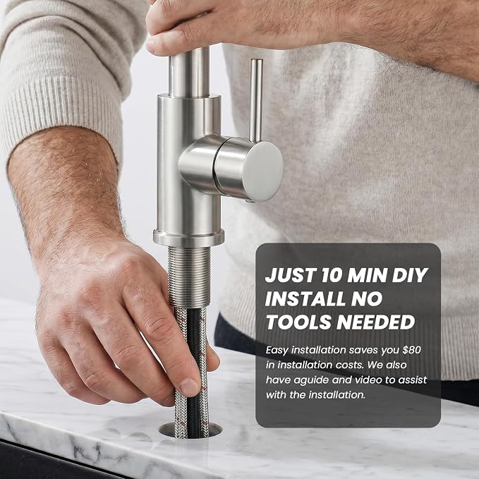 Kicimpro Kitchen Faucets with Pull Down Sprayer, NSF Certified Lead-Free 304 Stainless Steel Sink Faucet 1 Hole, Faucet for Kitchen Sink, Rv, Bar, Camper, Laundry, Easy Installation,Brushed Nickel | 3 Spray Modes, 360 Swivel, Deck Plate, SUS304, Fits 1...