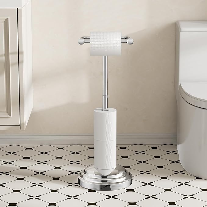 Bathroom Toilet Paper Holder Stand, Polished Chrome Toilet Paper Holder Free Standing, Stainless Steel Pivoting Toilet Tissue Roll Holder，Adjustable Height (14 to 24 Inch) Paper Holder