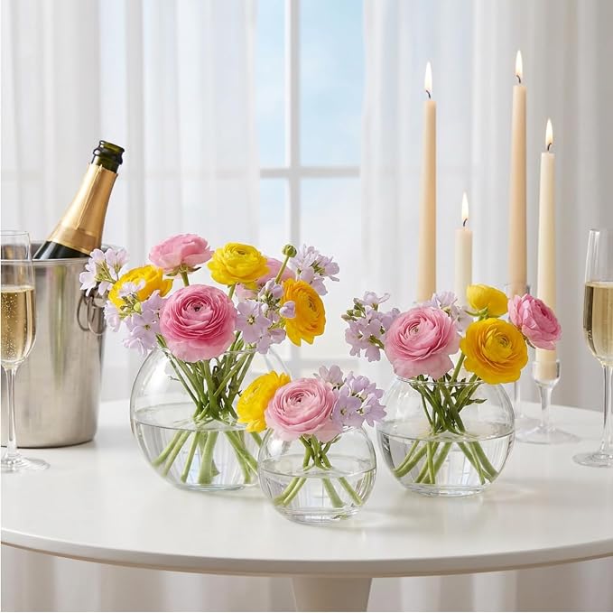 Sawysine 18 Pcs Fish Bowl Vase Bulk Round Glass Vases for Centerpieces | 4.5''Wx3.9''H, 3.9''Wx3.15''H, 3''Wx2.4''H Bubble Candle Dish for Wedding Event Table Goldfish Planter Floral DIY Home Decor