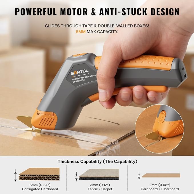 GARTOL Cordless Electric Scissors for Arthritis Hands, 4V Rechargeable Cardboard Cutter with 2 Blades & Storage Bag, Type-C Electric Box Cutter for Fabric, Crafts, Leather, Carpet, 2000mAh