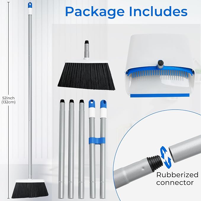 Broom and Dustpan Set with Long Handle 52", Standing Broom and Dust Pan Set for Home Kitchen Room Office Lobby Blue