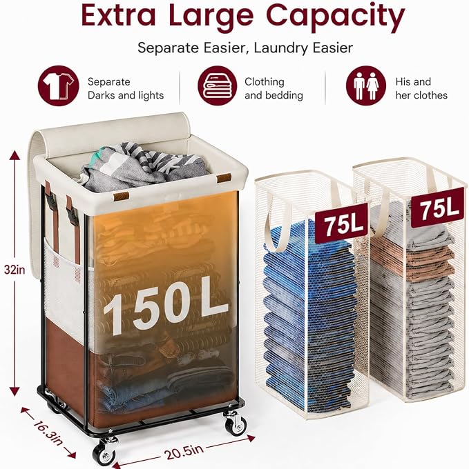 Double Laundry Hamper with Lid, Rolling Laundry Basket with Wheels and 2 Removable 75L Bags, 2 Section Large Capacity for Laundry Bedroom Bathroom Dorm, Easy Move & Organize,150L White