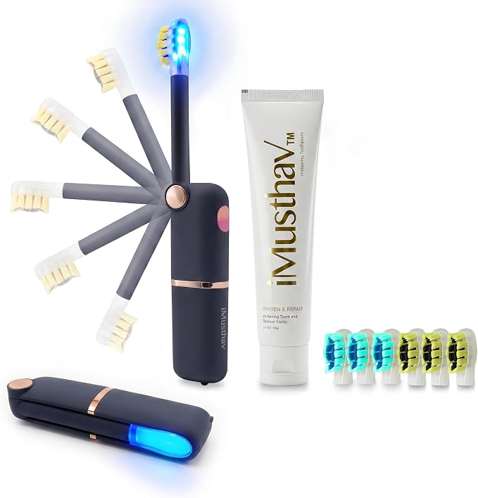 Foldable Travel Electric Toothbrush, Self Cleaning Toothbrush | Battery Operated, Blue LED Light, Whitening Toothpaste, 3 Modes with Smart Timer, 6 Replacement Brush Heads